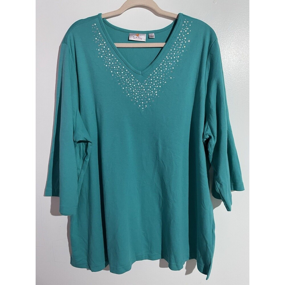 Quacker‎ Factory Top 3X Blue Rhinestone Studded Spring Brunch Travel Vacation
